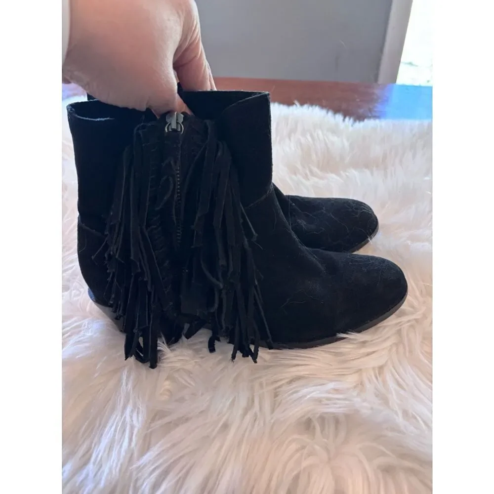 Cynthia Vincent Black Suede Fringe Ankle Boots